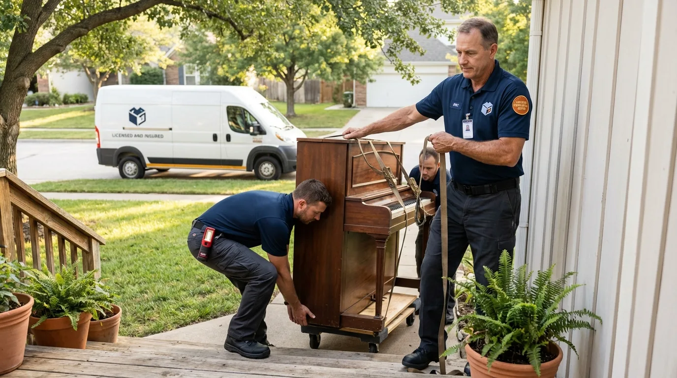 Licensed piano movers securing grand piano in Midlothian, TX
