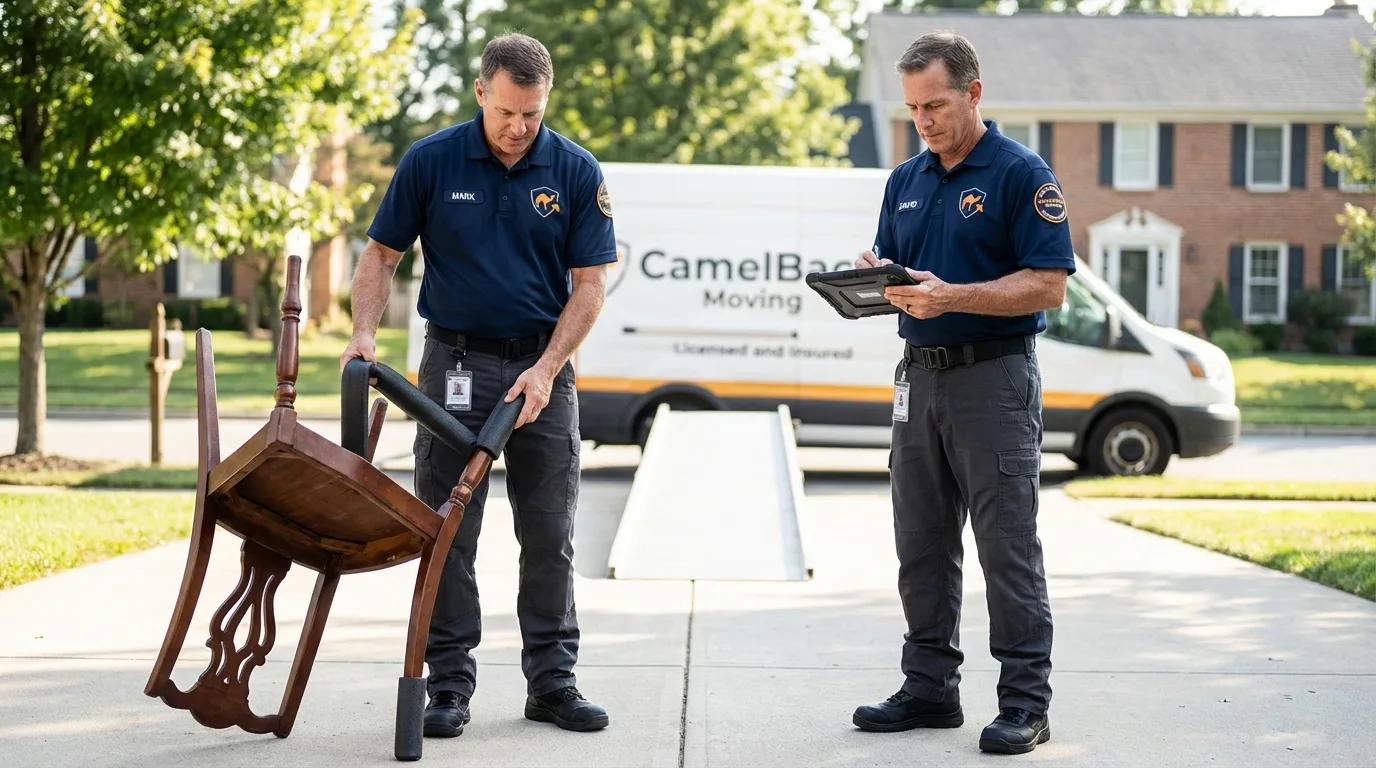 Movers inspecting furniture for damage prevention before loading in Midlothian, TX