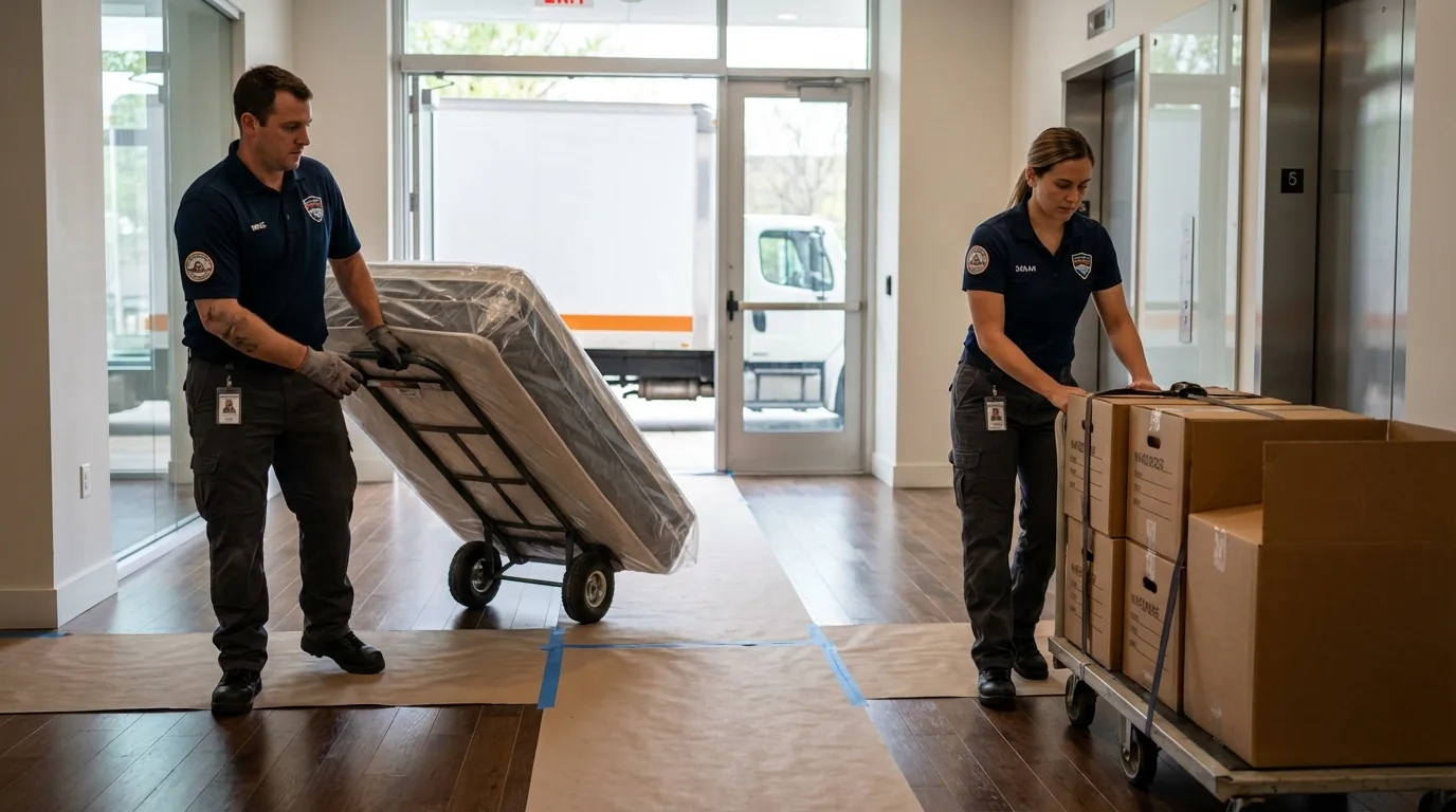 Professional apartment movers loading elevator in Midlothian, TX